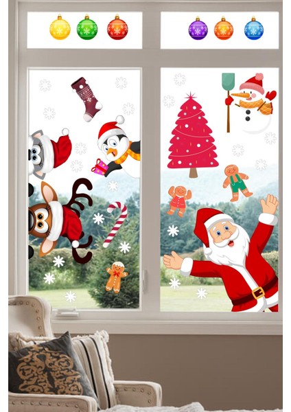 Yılbaşı Temalı Çok Renkli Cam Duvar Dekoru, Noel Baba, Geyik, Penguen, Kar Taneleri fırsatları