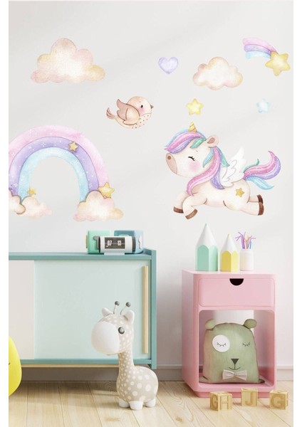 Pastel Unicorn ve Gökkuşağı Kuşlar Duvar Sticker Seti, Renkli ve Eğlenceli, Bebek/Çocuk Odası