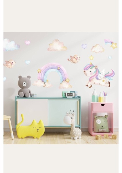 Pastel Unicorn ve Gökkuşağı Kuşlar Duvar Sticker Seti, Renkli ve Eğlenceli, Bebek/Çocuk Odası fiyatları