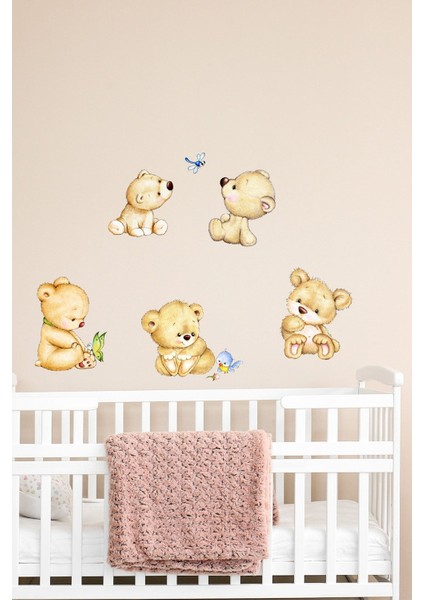 Çocuk Odası Renkli Neşeli Ayıcıklar Duvar Sticker Seti, Eğlenceli Dekorasyon