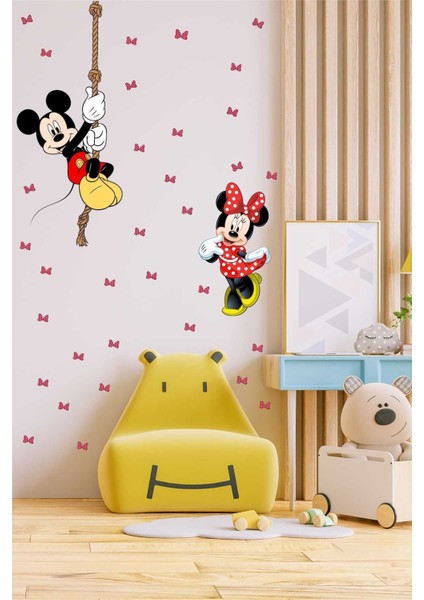 Kırmızı ve Beyaz Puantiyeli Minnie Mouse ve Mickey Mouse Çocuk Bebek Odası Duvar Süsü Duvar Sticker