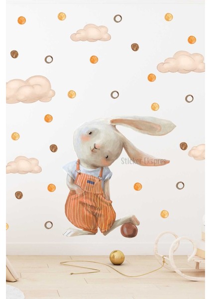 Turuncu Tulumlu Oyuncu Tavşan ve Puantiyeler Çocuk Odası Duvar Sticker Seti