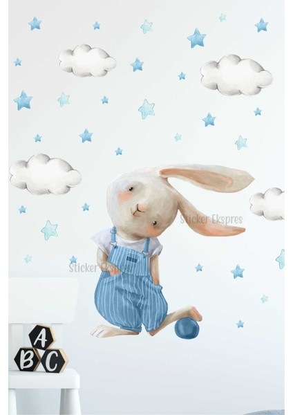 Çocuk odası renkli tavşan ve yıldızlar duvar sticker seti, eğlenceli dekorasyon