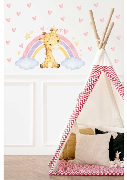 Renkli zürafa ve kalpler çocuk odası duvar süsleri, sticker, dekorasyon aksesuarları