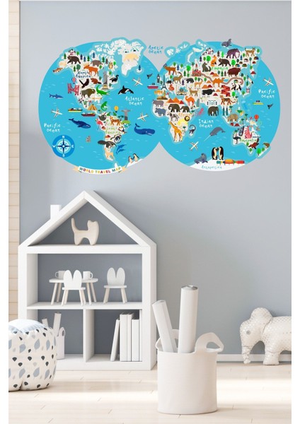 Renkli hayvanlar temalı dairesel duvar stickerı, çocuk odası dekoru, mavi tasarım