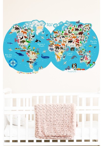 Renkli hayvanlar temalı dairesel duvar stickerı, çocuk odası dekoru, mavi tasarım fiyatları