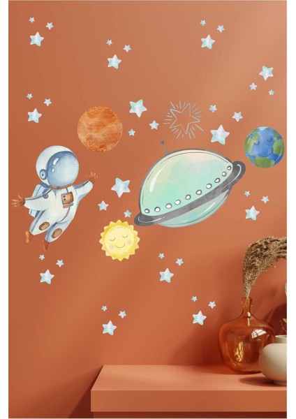 Çocuk odası uzay temalı renkli duvar süsleri ve sticker seti 5+ parça