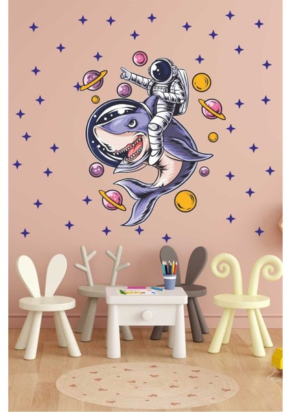 Çocuk Odası Renkli Uzay ve Balina Temalı Duvar Stickerı
