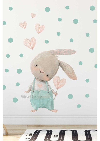 Yeşil Tavşan ve Puantiyeler Çocuk Odası Duvar Sticker Seti, sevimli dekorasyon, 5+ parça
