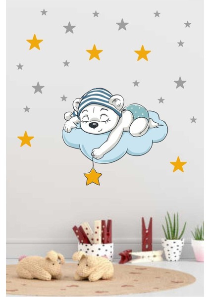 Çocuk Odası Renkli Bulut ve Ayı Duvar Sticker Seti