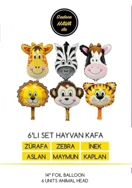 Balon Diyarı Safari Konseptli Hayvan Balonları 6 Lı Set 14" Folyo Balon