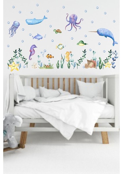 Çocuk odası deniz altı temalı renkli yapışkanlı duvar sticker seti