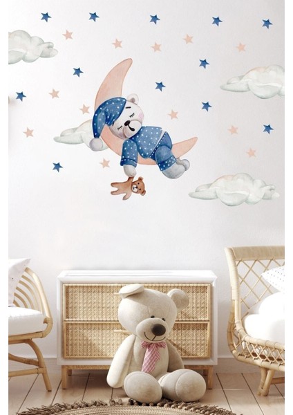 Renkli ayıcık ve bulut çocuk odası duvar sticker, sevimli dekorasyon.