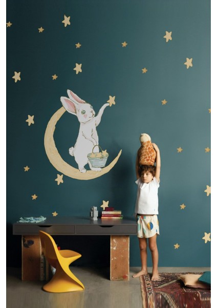 Sevimli tavşan ve yıldızlar temalı çocuk odası duvar sticker seti, sarı renkli, 1 parça