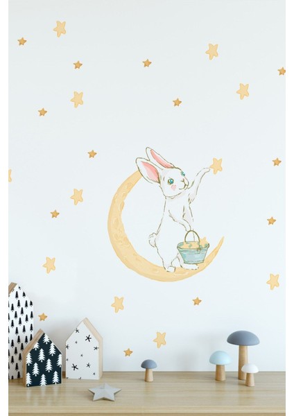 Sevimli tavşan ve yıldızlar temalı çocuk odası duvar sticker seti, sarı renkli, 1 parça fiyatları