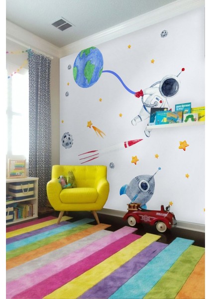 Çocuk Odası Renkli Uzay Temalı Duvar Sticker Seti, 1 Parça