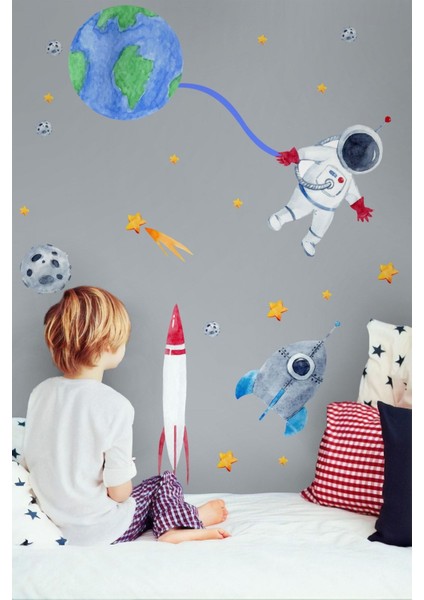 Çocuk Odası Renkli Uzay Temalı Duvar Sticker Seti, 1 Parça fırsatları