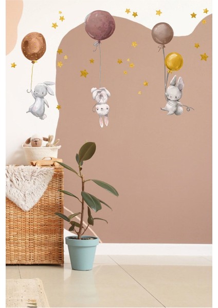 Sevimli çocuk odası duvar sticker seti, tavşanlar, yıldızlar, çok renkli, 5+ parça