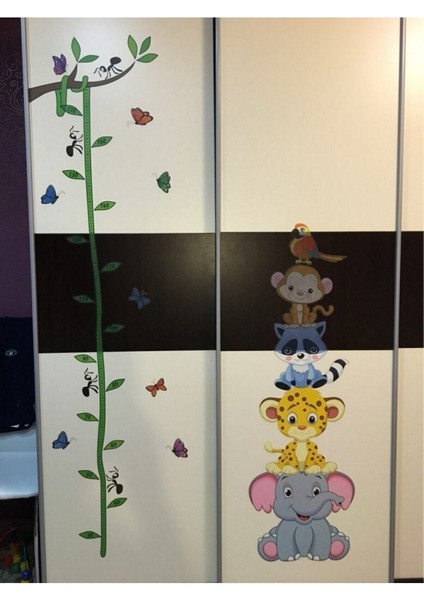 Renkli hayvanlar duvar sticker seti, çocuk odası dekorasyonu ve boy ölçer detaylarıyla indirimleri