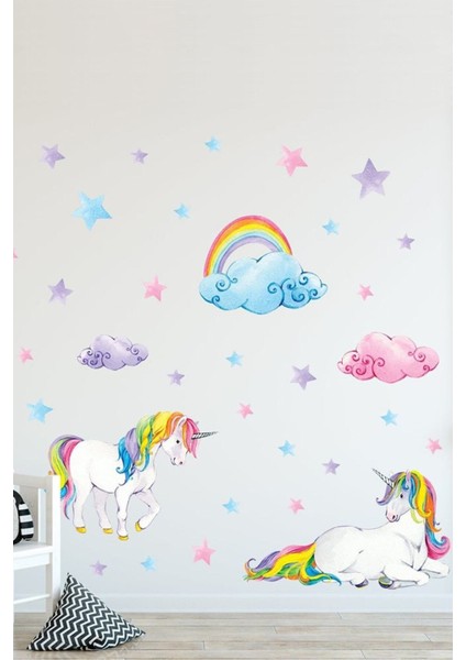 Renkli unicorn, bulut ve yıldızlar temalı oda dekor sticker seti, 5+ parça, çok renkli