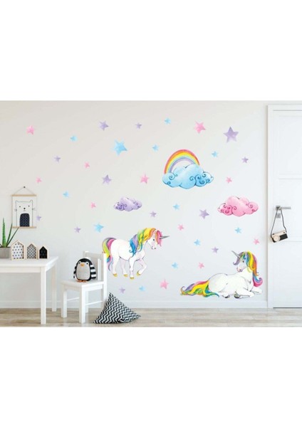 Renkli unicorn, bulut ve yıldızlar temalı oda dekor sticker seti, 5+ parça, çok renkli fiyatları