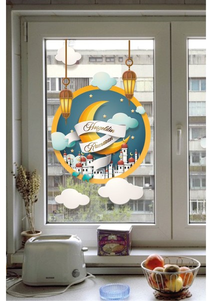 Renkli Ramazan temalı cam dekoratif sticker, şık ve güzel süsleme ürünü 50x70 cm