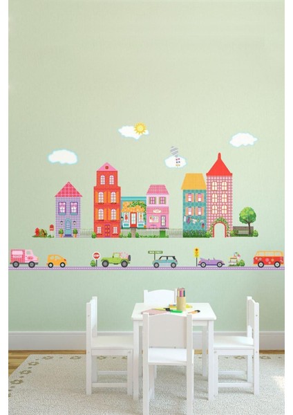 Şehir Temalı Renkli Kız Çocuk Odası Duvar Sticker Seti, Eğlenceli ve Renkli Dekorasyon