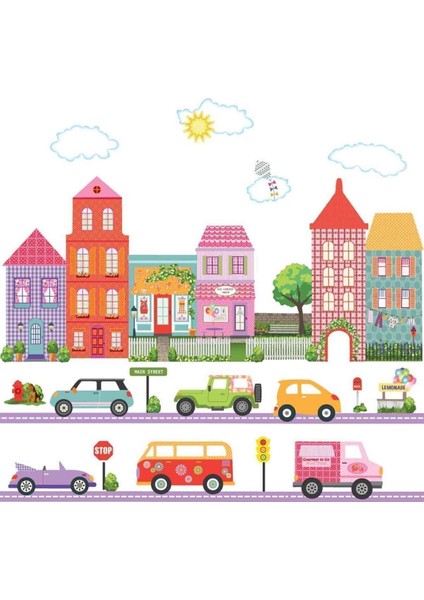 Şehir Temalı Renkli Kız Çocuk Odası Duvar Sticker Seti, Eğlenceli ve Renkli Dekorasyon fiyatları