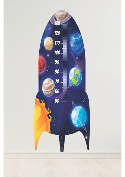 Çocuk odası gezegenler ve roket temalı renkli duvar sticker 140x55 cm