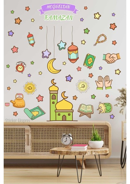 Hoşgeldin Ramazan Sarkıtlı Hilal Kandil Yıldızlar ve Cami Cam ve Duvar Sticker Seti