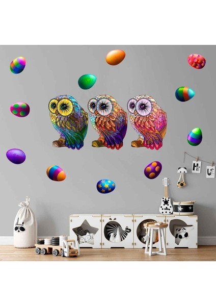 Baykuşlar ve Renkli Yumurtalar Pastel Duvar Sticker Seti