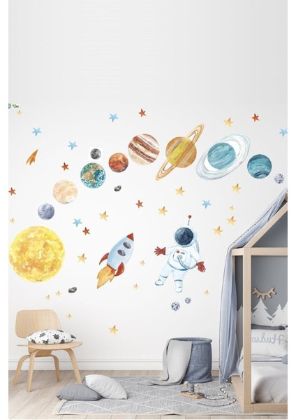 Astronot ve Gezegenler Set Salon Yatak Odası Mutfak Balkon Ev Duvar Süsü Kağıdı Sticker 100 x 40 cm