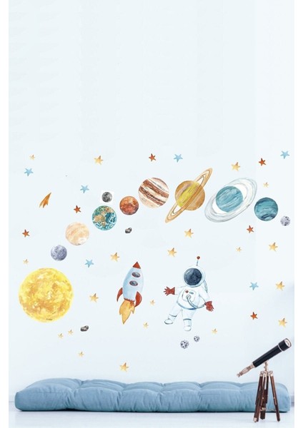 Astronot ve Gezegenler Set Salon Yatak Odası Mutfak Balkon Ev Duvar Süsü Kağıdı Sticker 100 x 40 cm