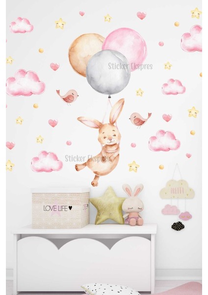 Rüya Tadında Balonlu Uçan Tavşan Çocuk Odası Duvar Sticker, Çok Renkli, 1 Parça