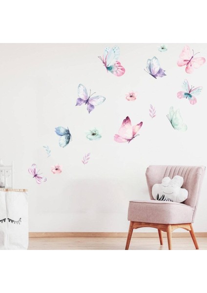 Renkli kelebek ve çiçek tasarımlı modern duvar dekoru, çocuk odası için 5+ parça