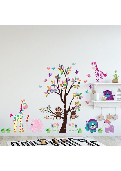 Renkli hayvan temalı duvar sticker seti, çocuk ve bebek odası dekorasyonu için 5+ parça