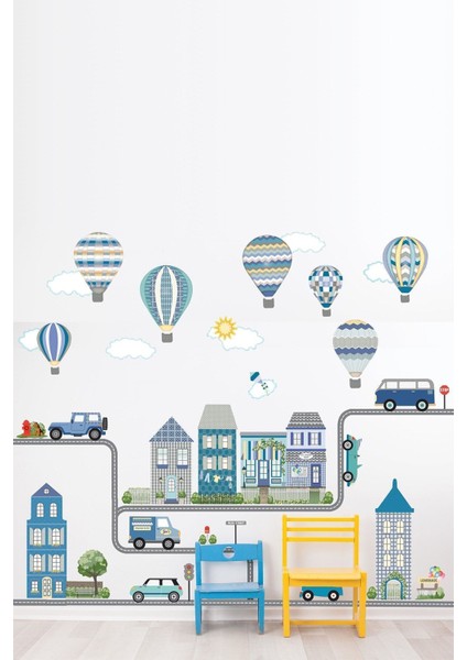 Çocuk odası için renkli şehir temalı duvar sticker seti, 5+ parça, eğlenceli dekorasyon