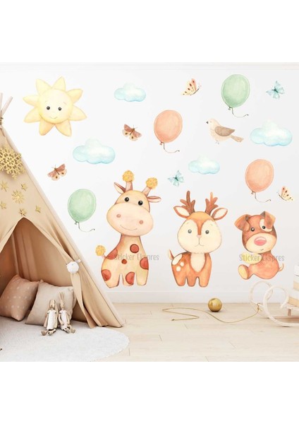Renkli ve eğlenceli 5+ parça hayvan duvar sticker seti, çocuk odası dekorasyonu