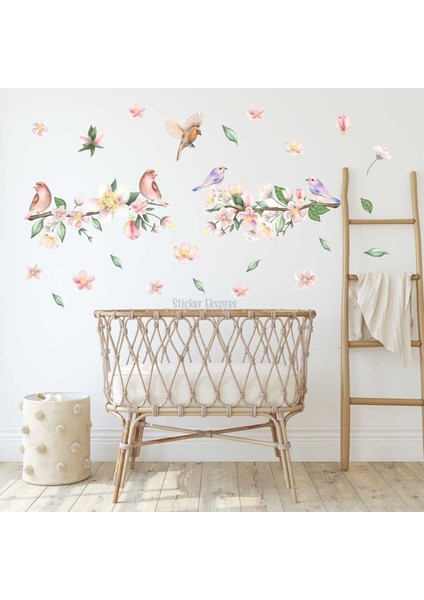 Renkli Çiçekli Bahar Dalları ve Kuşlar Sticker Seti, 5+ Parça, Canlı ve Neşeli Tasarım