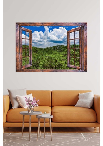 3D Ahşap Pencereli Manzara Sticker, Renkli ve Düz Desenli, 100x70 cm Dekoratif ürün
