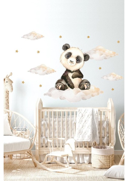 Renkli Panda ve Bulutlar Duvar Stickerleri, Çocuk Odası Dekoru, 5+ Parça