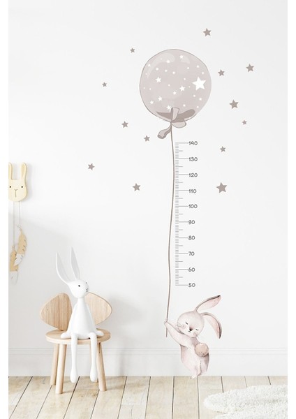 Füme Renk Balonlu Tavşan Boy Ölçer Duvar Sticker Seti