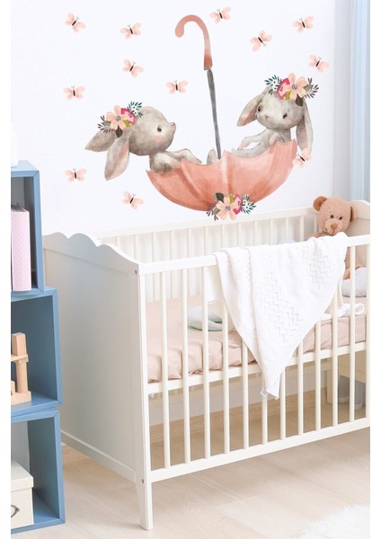 Pembe Şemsiyeli Sevimli Tavşanlar Duvar Sticker Seti fiyatları