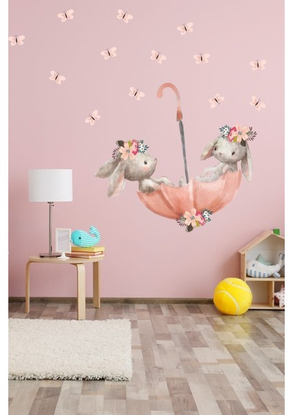Pembe Şemsiyeli Sevimli Tavşanlar Duvar Sticker Seti modelleri