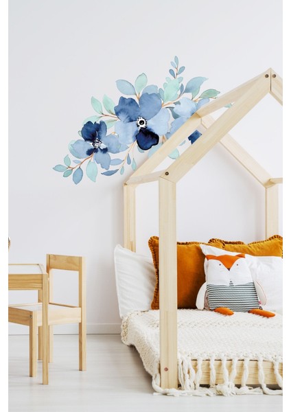 Suluboya Mavi Çiçekler ve Yapraklar Dekoratif Duvar Sticker Seti SIM631