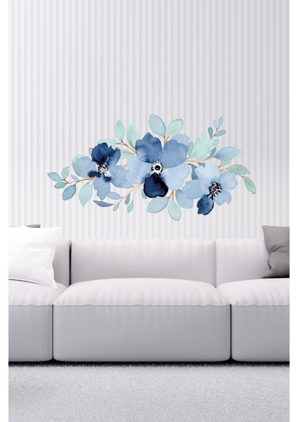 Suluboya Mavi Çiçekler ve Yapraklar Dekoratif Duvar Sticker Seti SIM631 fiyatları