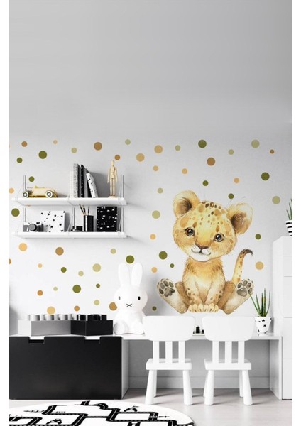 Sevimli Yavru Aslan Renkli Puantiyeler Duvar Sticker Seti