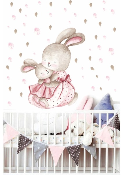 Sevimli Tavşan ve Yavrusu Temalı Çok Renkli Duvar Stickerleri, Çocuk Odası Dekoru, 5+ Parça