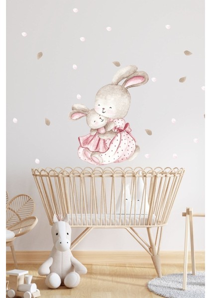 Sevimli Tavşan ve Yavrusu Temalı Çok Renkli Duvar Stickerleri, Çocuk Odası Dekoru, 5+ Parça fiyatları