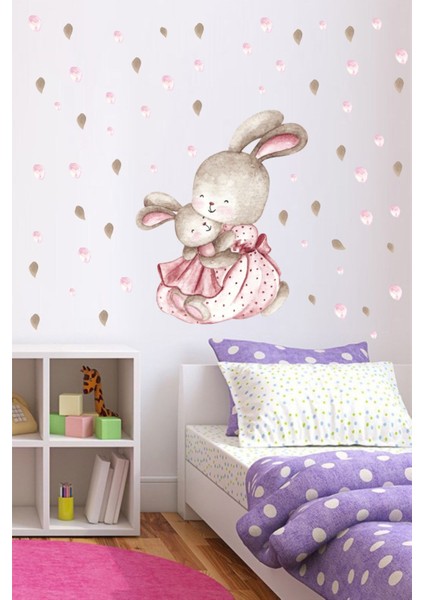 Sevimli Tavşan ve Yavrusu Temalı Çok Renkli Duvar Stickerleri, Çocuk Odası Dekoru, 5+ Parça modelleri